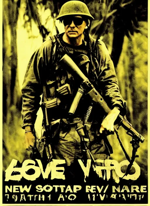 Image similar to new poster creative art for apocalypse now, martin sheen, vietnam war, soldier, river, trees, helicopters