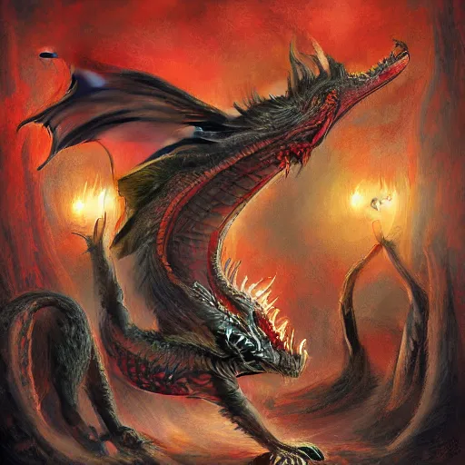 Image similar to red fire breathing dragon in a room filled with dragon eggs, painted in romantic artstyle, high fantasy