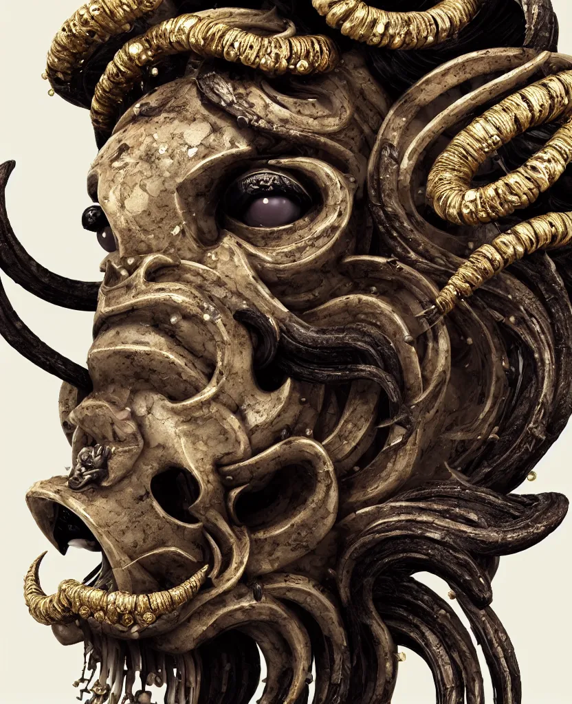 Image similar to goddess princess face close-up portrait ram skull. sculpture made of black clay and gold. jellyfish phoenix head, nautilus, orchid, skull, betta fish, bioluminiscent creatures, intricate artwork by Tooth Wu and wlop and beeple. octane render, trending on artstation, greg rutkowski very coherent symmetrical artwork. cinematic, hyper realism, high detail, octane render, 8k