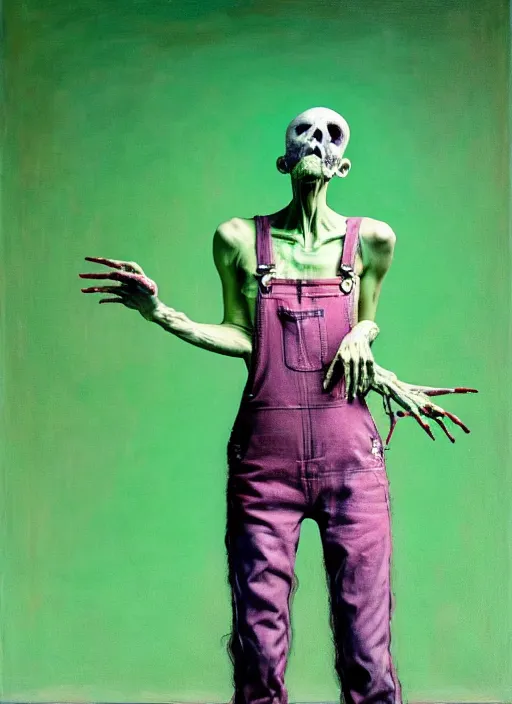 Image similar to an insane, skinny artist wearing torn overalls, expressively twisted body, interpretative dance with a large ghost, depth of field, hauntingly surreal, highly detailed oil painting, by francis bacon, edward hopper, adrian ghenie, glenn brown, soft light 4 k, pink and green colour palette, cinematic composition, cinematic lighting, high quality octane render