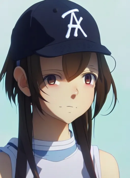 Prompt: close up of a young anime girl, smirking, wearing a backwards baseball hat, finely detailed features, perfect art, trending on artstation, soft lighting, painted by, makoto shinkai, takashi takeuchi, studio ghibli, akihiko yoshida.