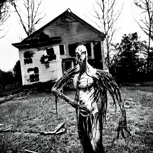 Prompt: 1 9 9 3, disposable camera, flash, old abandoned house, mutant creature standing, meat, ooze, slime, veins, wet
