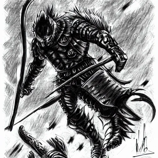 Prompt: A detailed sketch of a medieval warrior in leather armour fighting wolf-like monsters in a dark forest, sun eclipse in the sky, gritty, depressive, rough, Kentaro Miura style, very high-detailed