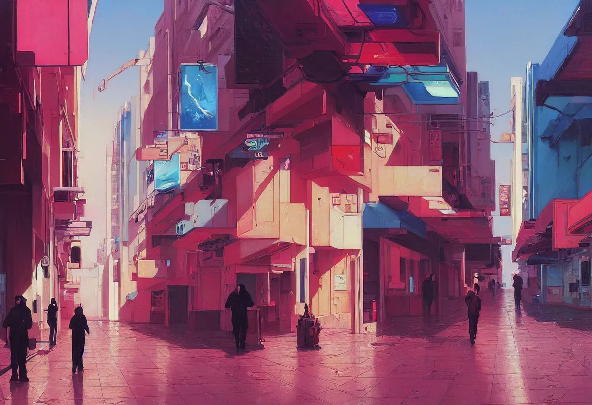 Prompt: sad and heartbreaking painting of the empty streets of tel aviv, vivid colors, neon, art by ( ( ( kuvshinov ilya ) ) ) and wayne barlowe and francis bacon and artgerm and wlop and william - adolphe bouguereau