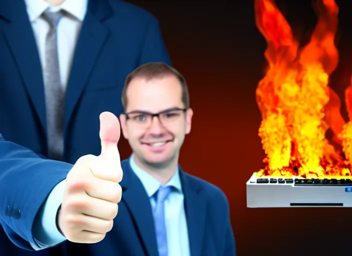 Prompt: A photo of a system administrator doing a thumb up to the camera in front on burning servers, servers in flames, happy system administrator doing a thumb up, uncropped, full body