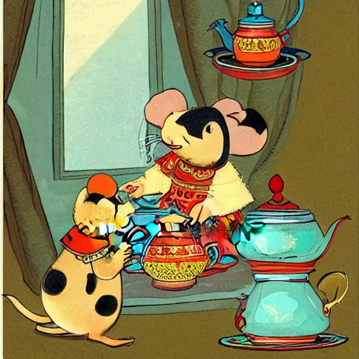 Image similar to russian mouse drinks tea from samovar with her little children, children book illustration