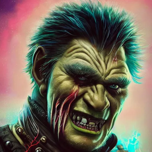 Image similar to detailed photo portrait of a Half-orc bard portrayed by Gary Busey, 8k,by Tristan Eaton, Stanley Artgermm, Tom Bagshaw, Greg Rutkowski, Carne Griffiths, trending on DeviantArt, face enhance, hyper detailed ,full of color, dramatic lightning, epic stance