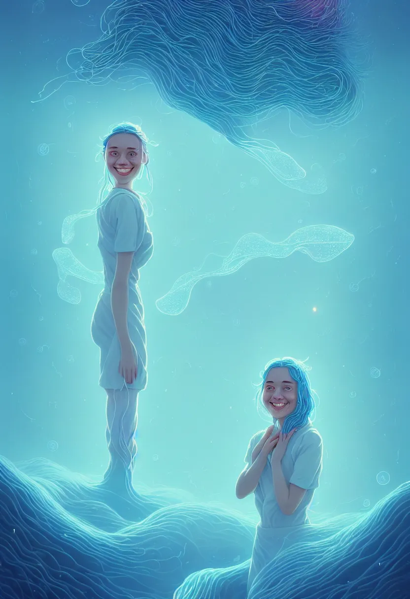 Prompt: young woman smiling in etheric hypothalamus of her mind, in a light blue color palette of cosmic spring, flowing, intricate, beautiful render, award winning photography, by simon stalenhag and wlop and artgerm, beautiful illustration