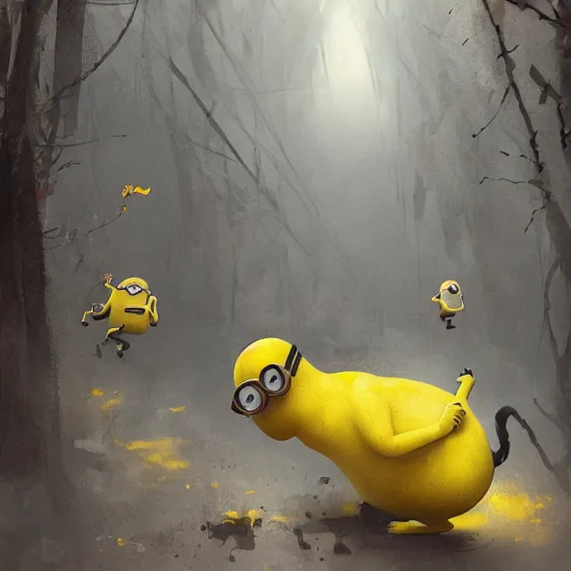Image similar to a terrifying yellow minion shrieking and gnashing its teeth, digital art by greg rutkowski