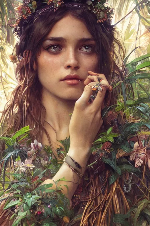 Image similar to ultra realistic illustration, bohemian girl in jungle, close up, staring directly into camera, intricate, elegant, highly detailed, digital painting, artstation, concept art, smooth, sharp focus, illustration, art by artgerm and greg rutkowski and alphonse mucha