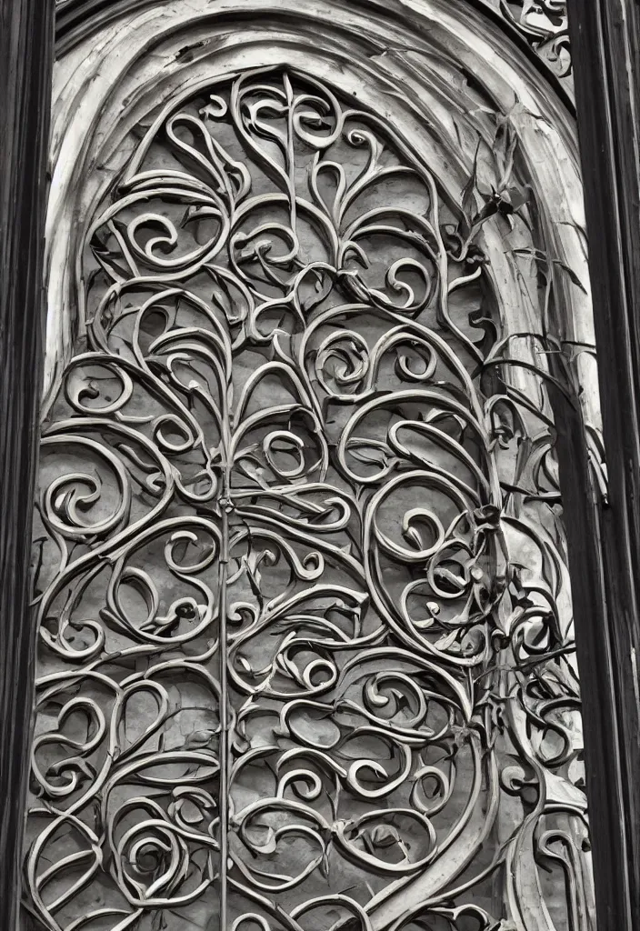 Image similar to photo of a beautiful window, symmetrical, symmetry, art nouveau, iron frame, skyrim