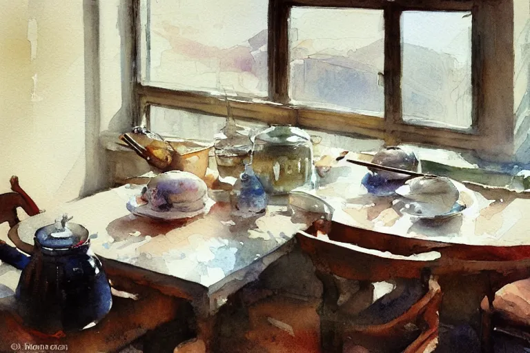 Prompt: small centered on watercolor paper, paint brush strokes, abstract watercolor painting of served kitchen table, dishes and transparent glass, midday sharp light, dust, cinematic light, american romanticism by hans dahl, by jesper ejsing, by anders zorn, by greg rutkowski, by greg manchess, by tyler edlin