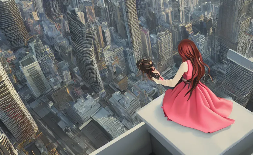 Prompt: Lady maid dress with long hair, she is sitting on the roof of a skyscraper and looking at the horizon of a large city, vivid colorful, Hyperrealistic CGI Photorealistic cinematic volume lighting fanart on ArtStation concept art sharp focus