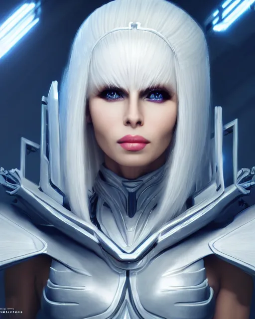 Prompt: perfect white haired attractive egyptian goddess, warframe armor, beautiful, symmetric, dreamy, half asian, pretty face, blue eyes, joanna lumley, detailed, scifi platform, laboratory, experiment, 4 k, ultra realistic, epic lighting, android body, illuminated, cinematic, masterpiece, art by akihito tsukushi, voidstar