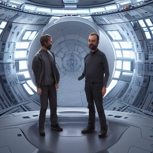 Prompt: hyperrealistic image of 2 people matt stone standing next to trey parker inside the death star, stunning 3 d render, inspired by istvan sandorfi & greg rutkowski, perfect facial symmetry, dim volumetric cinematic lighting, 8 k octane comprehensive render, extremely hyper - detailed, incredibly lifelike attributes, intricate, real flesh texture, masterpiece, artstation, stunning,