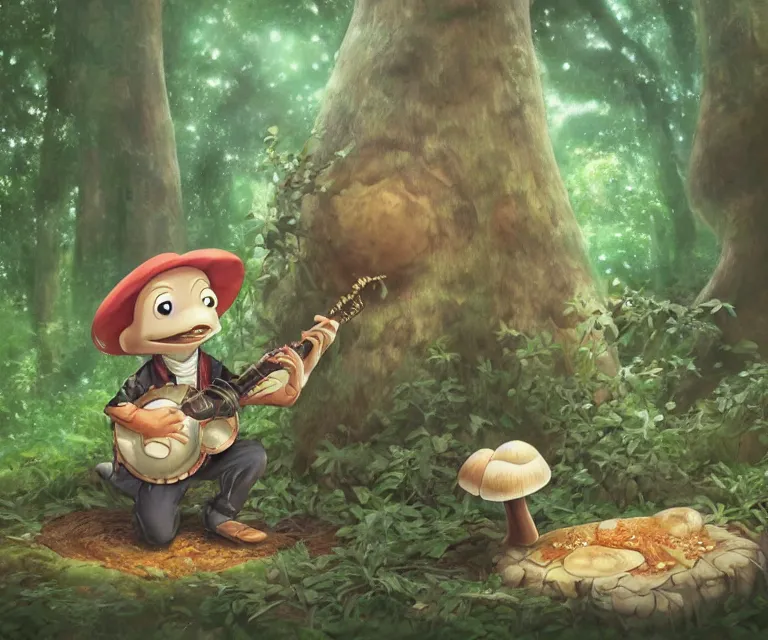 Prompt: frog playing a banjo in front of a mushroom in a forest, anime fantasy illustration by tomoyuki yamasaki, kyoto studio, madhouse, ufotable, comixwave films, trending on artstation