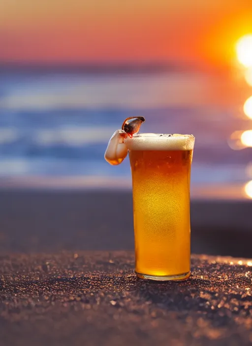 Image similar to a happy crab holding a beer in a beach, golden hour, bokeh, 4k