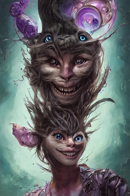 Image similar to dream portrait of Cheshire Cat from Alice in Wonderland,full character, melting ,8k,by tristan eaton,Stanley Artgermm,Tom Bagshaw,Greg Rutkowski,Carne Griffiths, Ayami Kojima, Beksinski, Giger,trending on DeviantArt,face enhance,hyper detailed,minimalist,cybernetic, android, blade runner,full of colour