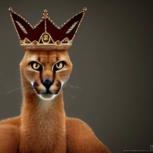 Image similar to caracal, crown on his head, in crown, dressed in crown, crowned, has a crown, cinematic, high detail, cinematography, vfx, 8 k