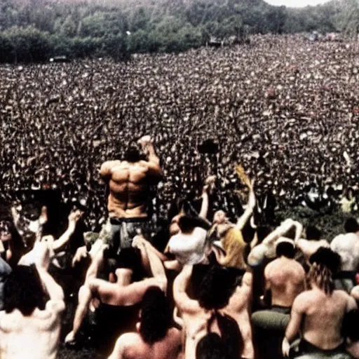 Image similar to hulk performing at woodstock, crowd of people