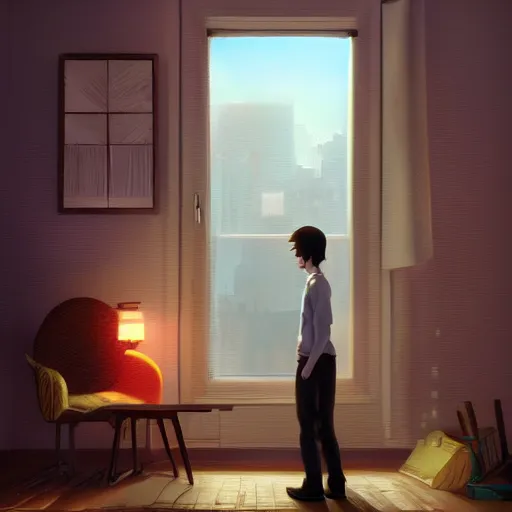 Prompt: a man and cat in a room. digital art. artstation. realistic. vibrant. illustration. in the style of pixar movie. octane render. art by makoto shinkai, stanley artgerm lau, wlop, rossdraws. volumetric lighting.