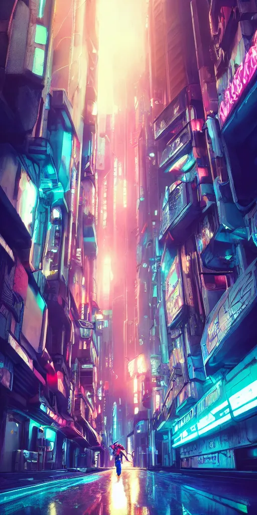 Image similar to professional photo of astronaut on cyberpunk street from low angle shot, synthwave, blade runner, hyperrealistic masterpiece, trending on artstation, cgsociety, kodakchrome, golden ratio, cinematic, composition, beautiful lighting, hyper detailed, sharp focus, octane render, 4 k, unreal engine