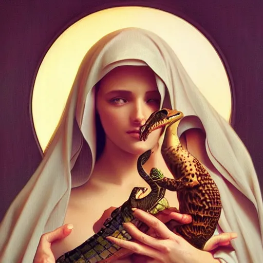 Prompt: surrealist close up illustration of the virgin mary holding a reptile, highly detailed, digital painting, concept art, smooth, sharp focus, illustration, absurd, humorous, photoshop, art by artgerm and greg rutkowski and alphonse mucha