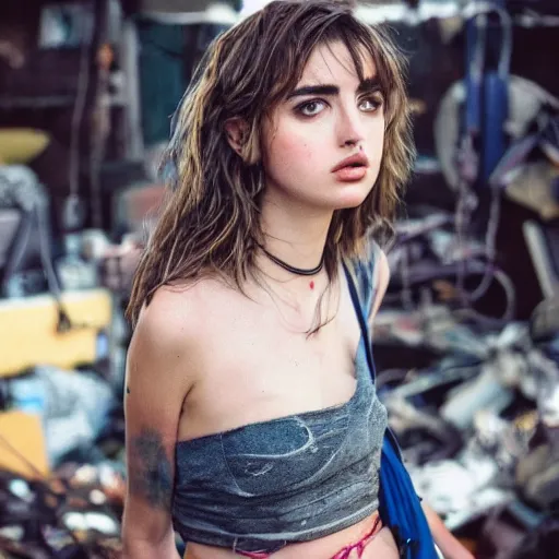 Prompt: ana de armas portrait working in a junkyard, in a cinematic cyberpunk style, 3 5 mm