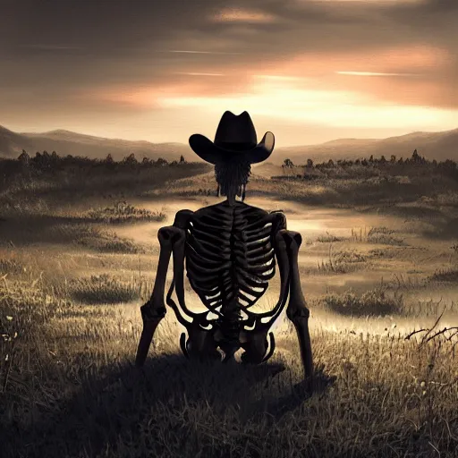 Image similar to a wounded skeleton cowboy watching a sunset, concept art, DeviantArt, art station, illustration, highly detailed, artwork, cinematic, hyper realistic