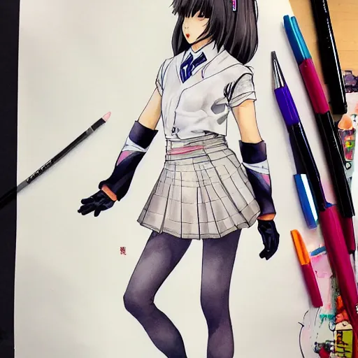 Prompt: a perfect, realistic professional digital sketch of a Japanese schoolgirl in style of Marvel, full length, by pen and watercolor, by a professional Japanese artist on ArtStation, on high-quality paper