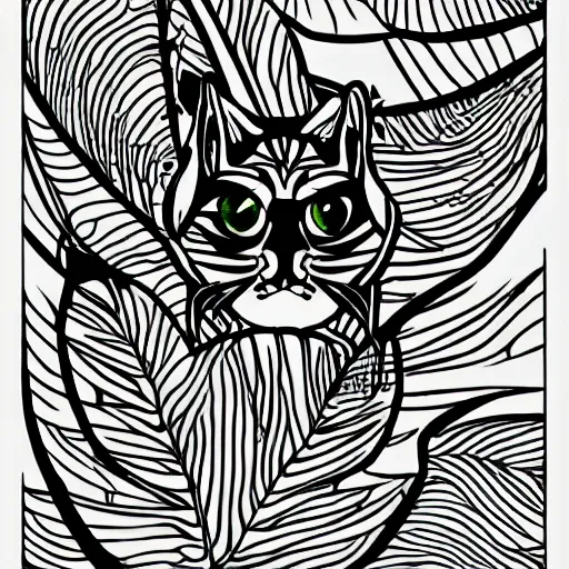 Prompt: tattoo sketch of a cat with one eye, monstera, a draft, organic ornament, minimalism, line art, vector