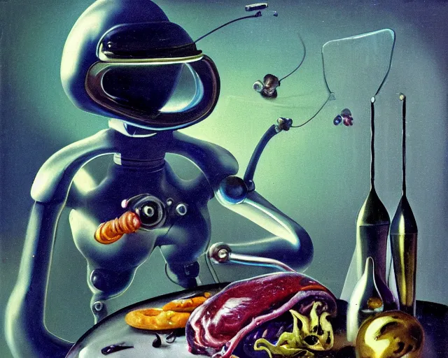 Image similar to strange seductive futuristic robot body, enticing colorful oil painting dutch golden age vanitas still life sparse composition with bulbous objects strange gooey transparent surfaces shiny metal reflections bizarre mutant meat insects rachel ruysch dali todd schorr very detailed perfect composition rule of thirds masterpiece canon 5 0 mm, cinematic lighting, photography, retro, film, kodachrome