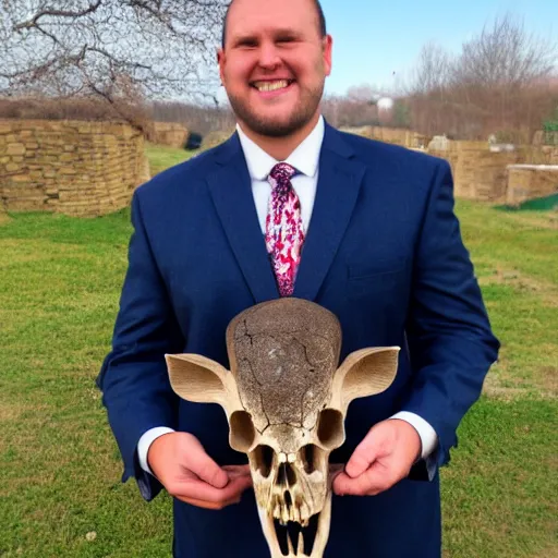 Prompt: a bible salesman with a deer skull for a head wearing a suit