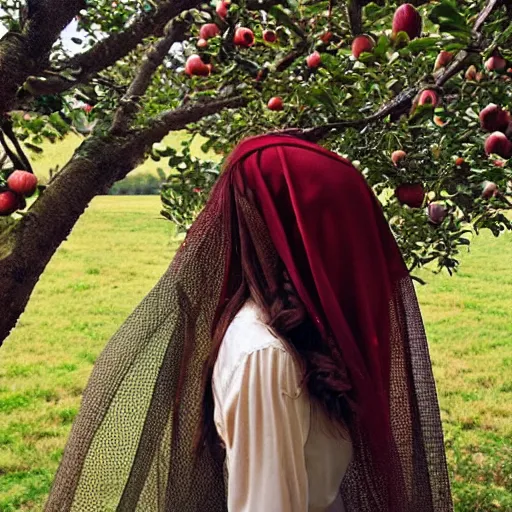 Prompt: a girl with a bridal veil covering her face, embraces an apple tree. folk. thomas hardy tess of the d'urbervilles. pastoral. folk. gothic. vibrant