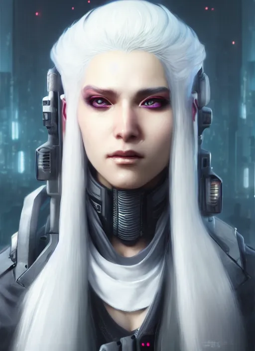 Prompt: woman ; white hair ; white eyes ; himalayan, cyberpunk ; unreal engine 5 rendered, octane rendered, art style by alexandre cabanel and nixeu and ian sprigger and wlop and krenz cushart and artgerm ; digital art ; high detail ; bladerunner ; realistic