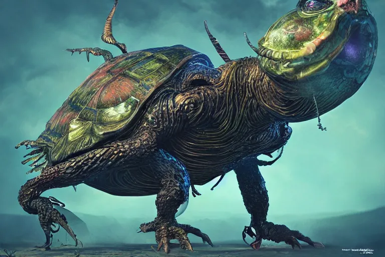 Prompt: a bird turtle tractor hybrid creature monster with metal scales feathers, rich diverse lush alien world, fantasy, science fiction, dramatic lighting, in the style of national geographic, hannah yata, illustration, octane render