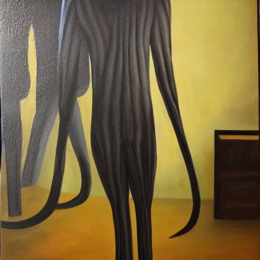 Image similar to slenderman in backroom, oil paining, dark