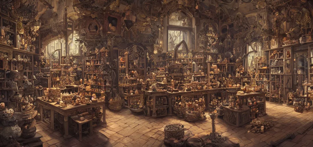 Prompt: a gorgeous view into a potion store, oil on canvas, intricate, portrait, 8k highly professionally detailed, HDR, CGsociety, illustration painting by Mandy Jurgens and Małgorzata Kmiec and Dang My Linh and Lulu Chen and Alexis Franklin and Filip Hodas and Pascal Blanché and Bastien Lecouffe Deharme, detailed intricate ink illustration, heavenly atmosphere, detailed illustration, hd, 4k, digital art, overdetailed art, concept art, complementing colors, trending on artstation, Cgstudio, the most beautiful image ever created, dramatic, subtle details, illustration painting by alphonse mucha and frank frazetta daarken, vibrant colors, 8K, style by Wes Anderson, award winning artwork, high quality printing, fine art, gold elements, intricate, epic lighting, very very very very beautiful scenery, 8k resolution, digital painting, sharp focus, professional art, atmospheric environment, art by artgerm and greg rutkowski, by simon stålenhag, rendered by Beeple, by Makoto Shinkai, syd meade, 8k ultra hd, artstationHD, 3d render, hyper detailed, elegant, by craig mullins and marc simonetti, Ross Tran and WLOP, by Andrew Wyeth and Gerald Brom, John singer Sargent and James gurney