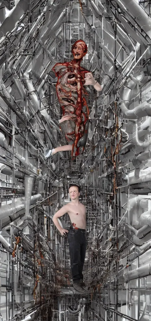 Image similar to horror of elon musk and mark zuckerberg fused together with scaffolding and pipes, body horror, pipes, disturbing, scary, dark, 4K, creepy