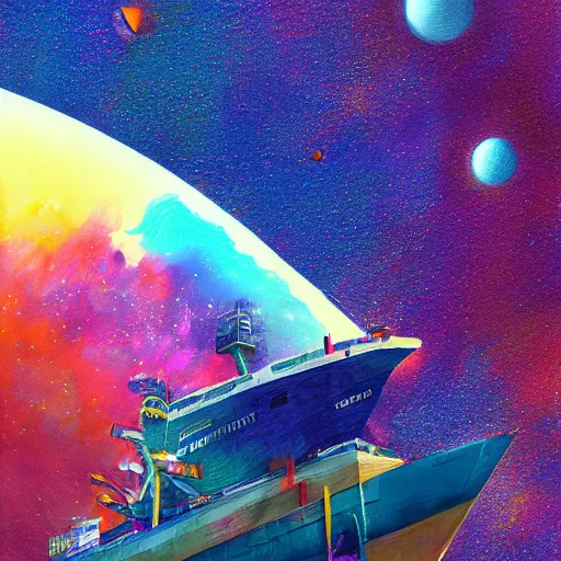 Image similar to a ship floating in colorful cosmos, award-winning drawing, artstation, octane, insane detail