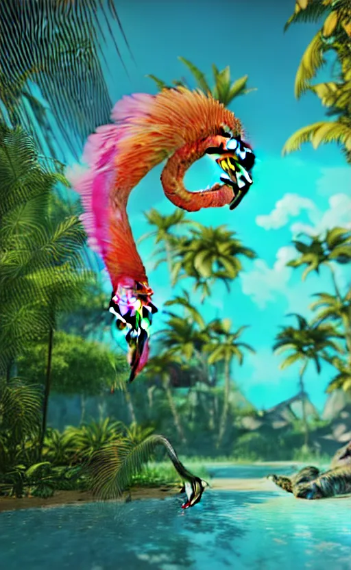 Image similar to unreal engine 5 8 k uhd render of an flamingocore tropicalwave junglepunk abstrafractalmancer, photorealistic, animal photography, photo safari, fashion shoot, lush tropical surroundings, volumetric lighting, sunlight, 1 0 5 mm lens