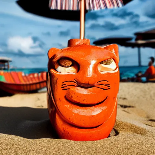 Image similar to a closeup photorealistic photograph of a glossy orange cat garfield style tiki mug sitting at a trader vic's beach bar featuring garfield's face. tiki theme. bright scene. fine detail. this 4 k hd image is trending on artstation, featured on behance, well - rendered, extra crisp, features intricate detail, epic composition and the style of unreal engine.