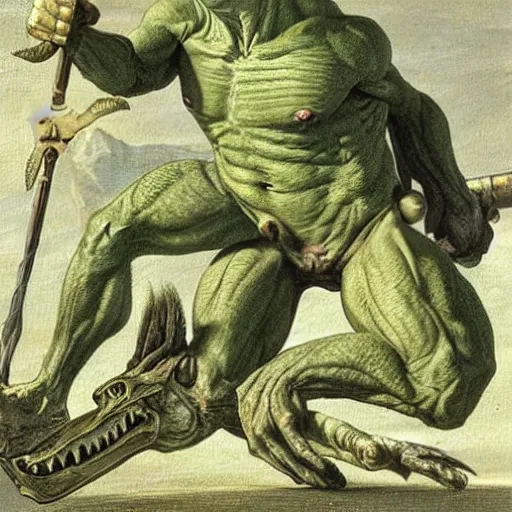 Prompt: dog - faced muscular goblin, ugly face, lizard tail, holding scimitar made of bone, scimitar, colorized, green skin, hyper - detailed, primeval fantasy, prehistoric fantasy, art by jacques - louis david