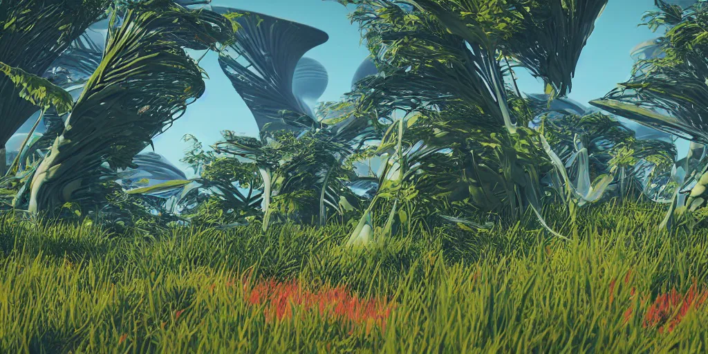 Image similar to abstract 3d landscape painting with vegetation by zaha hadid in no mans sky style, redshift, octane