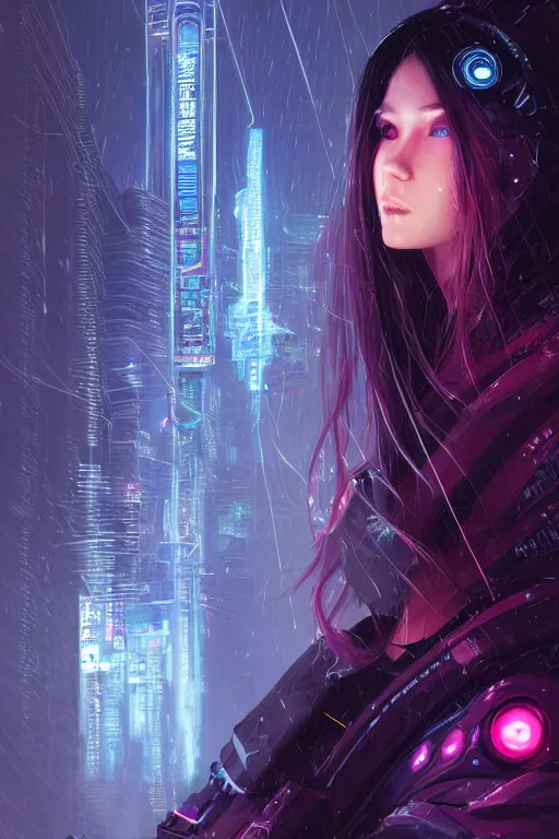 Image similar to portrait futuristic talented cyberpunk female Alchemist, in futuristic stormy heavy snowy thunder tokyo rooftop Enchantment cyberpunk night, ssci-fi, fantasy, intricate, very very beautiful, elegant, neon light, highly detailed, digital painting, artstation, concept art, soft light, hdri, smooth, sharp focus, illustration, art by tian zi and craig mullins and WLOP and alphonse mucha