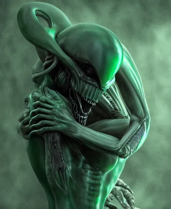 Image similar to xenomorph hugging pale sad beauty, dark emerald mist colors, giger background liminal void, cinematic lighting, realistic, award winning photograph, various refining methods, micro macro autofocus