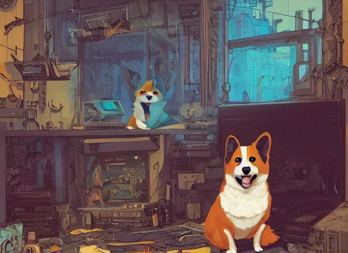 Prompt: beautiful painting of a corgi assassin king chilling in his cyberpunk lofi palace, by Aaron Jasinski, Abigail Larson, Adam Paquette, Aggi Erguna. trending on Artstation, 8k, masterpiece, graffiti paint, fine detail, full of color, intricate detail, golden ratio illustration