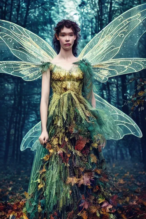 Prompt: masterwork full body photograph of astrid berges frisbey as a fairy. very highly detailed sharp focus face. wearing a dress made out of stars. resting on a background of autumn leaves. fluid, dreamy, ethereal, vivid colours. wow! cinematic lighting. trending on artstation. cgsociety. by moebius. megapixels.