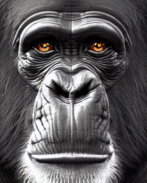 Image similar to fantasy art, very detailed high resolution illustration portrait of a chimpanzee, 3 d, 8 k, extremely detailed, artstation