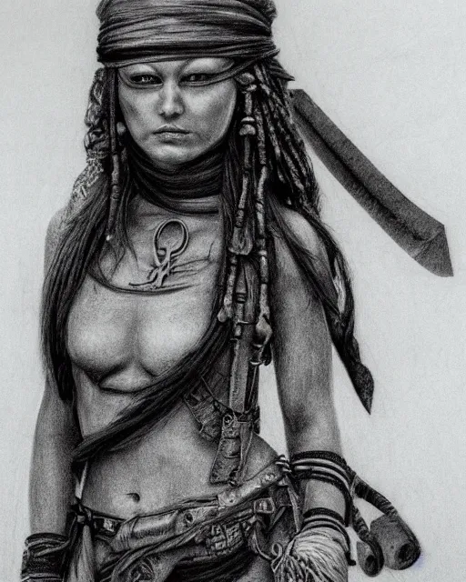 Prompt: A beautiful female warrior, pirate ship deserted island faded background, realism pencil drawing on white paper, bald lines